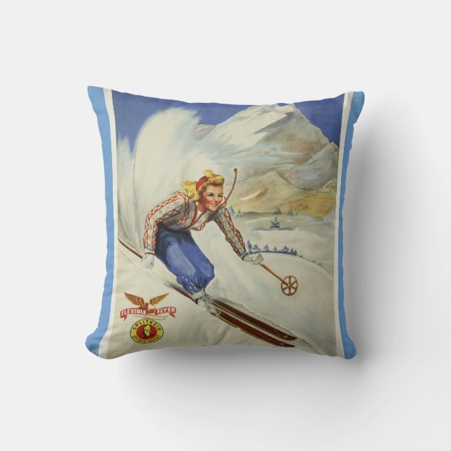 Vintage Skiing Travel Art Throw Pillow (Front)