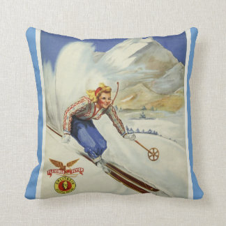 Vintage Skiing Travel Art Throw Pillow