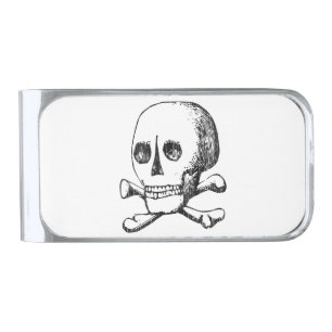Vintage Skull and Crossbones Graphic Silver Finish Money Clip