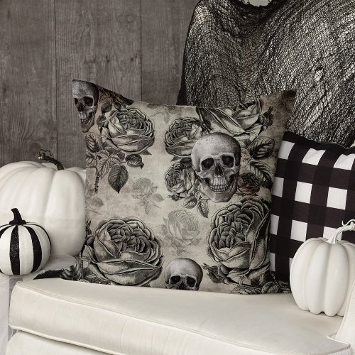 Vintage Skull and Floral Halloween Throw Pillow