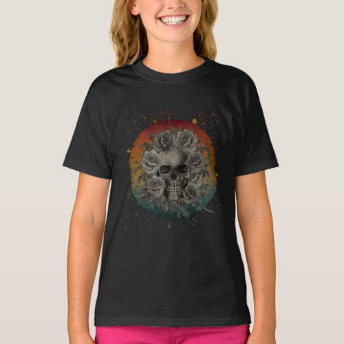 VINTAGE SKULL AND FLOWERS BLACK AND WHITE T_Shirt
