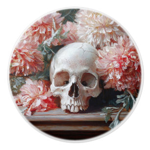 Vintage Skull and Light Pink Flowers Ceramic Knob