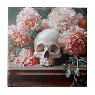 Vintage Skull and Light Pink Flowers Ceramic Tile