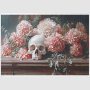 Vintage Skull and Light Pink Flowers Decoupage Tissue Paper