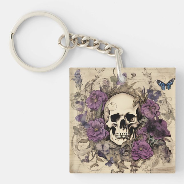 Vintage Skull and Purple Flowers Keychain (Front)