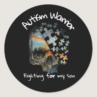 Vintage Skull Autism Warrior Fighting For My Son Classic Round Sticker