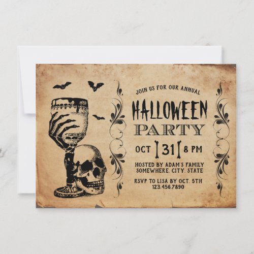 Vintage Skull Bats Halloween Party Invitation