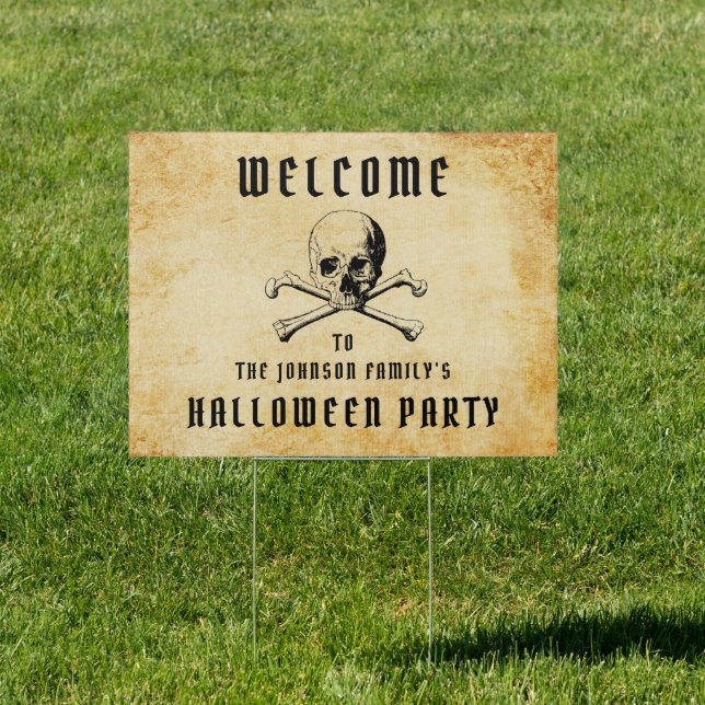 Vintage Skull & Bones Halloween Party Welcome Sign (Insitu)