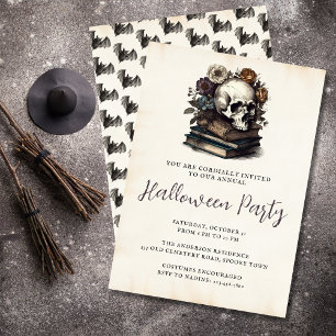 Vintage Skull Books Dark Academia Halloween Party Invitation