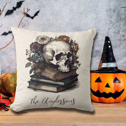 Vintage Skull Books Dark Academia Halloween  Throw Pillow