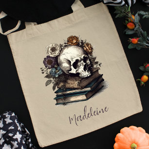 Vintage Skull Books Dark Academia Halloween Tote Bag