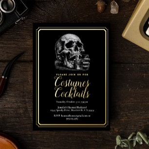 Vintage Skull Costumes & Cocktails Halloween Party Foil Invitation