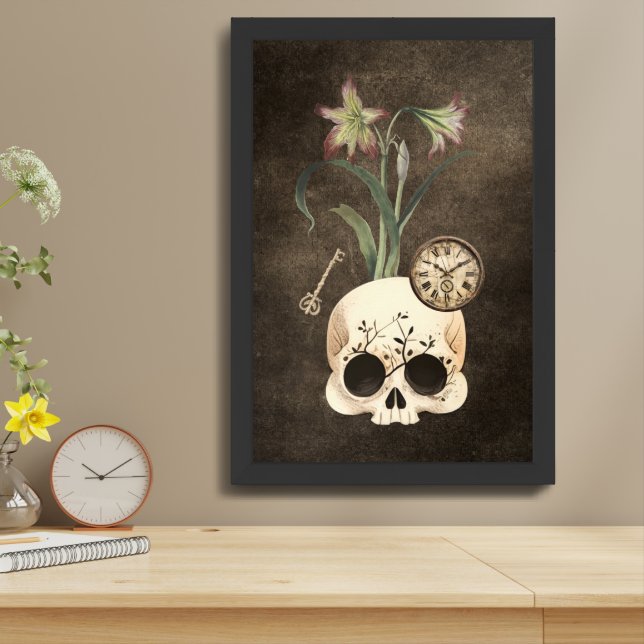Vintage Skull Floral Time Framed Art (Table Top)