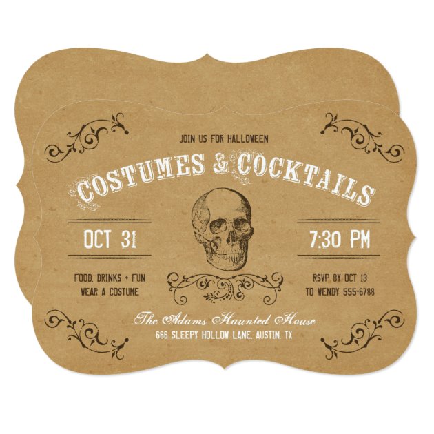 Vintage Skull Halloween Costume And Cocktail Party Invitation