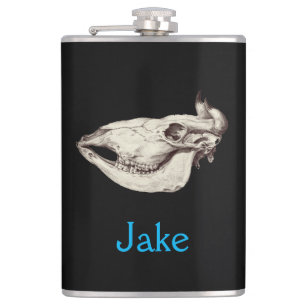 Vintage Skull of Cow Illustration Name Flask
