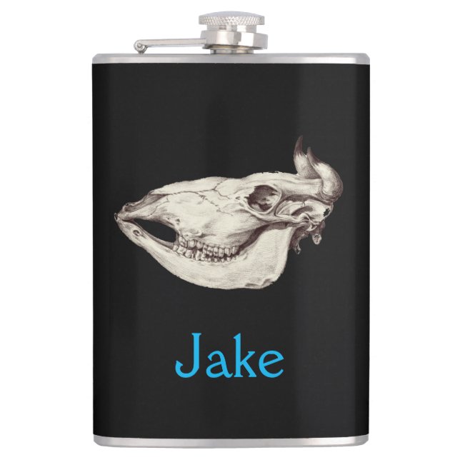Vintage Skull of Cow Illustration Name Flask (Front)
