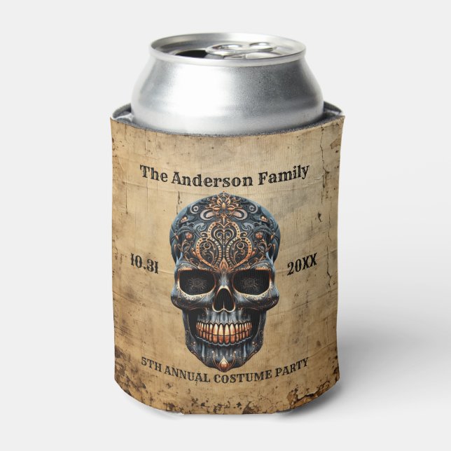 Vintage Skull Personalized Halloween Party Can Cooler (Can Front)