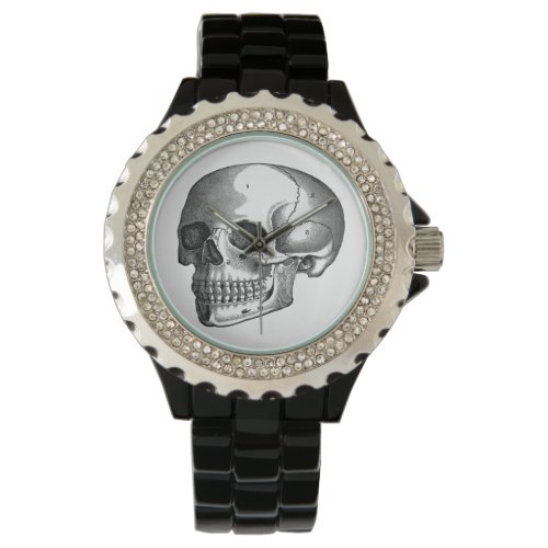 Vintage Skull Womens Rhinestone Black Wristwatch