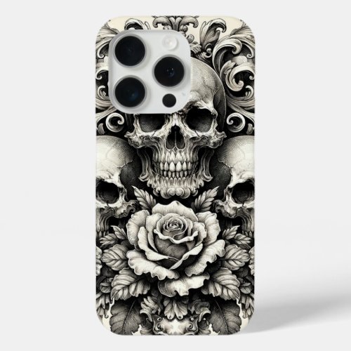 Vintage Skulls and Roses iPhone 15 Pro Case