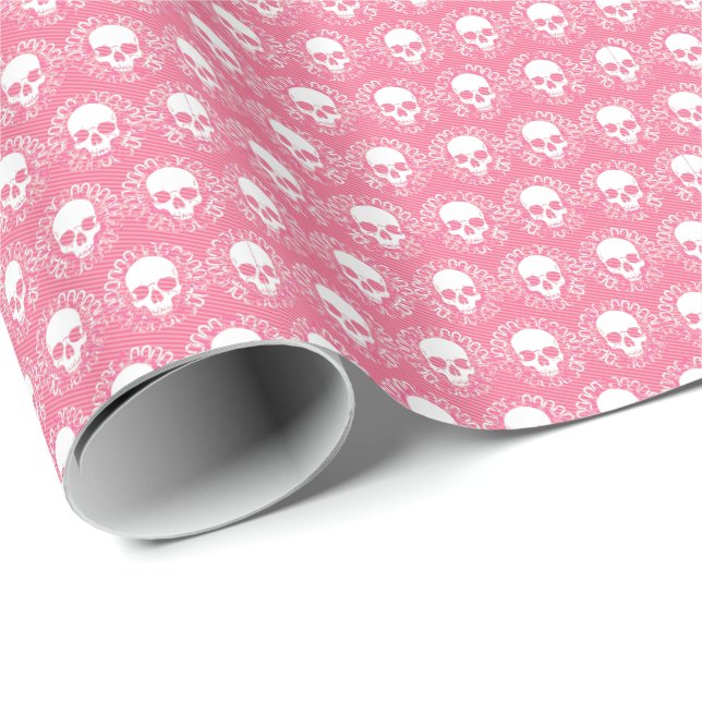 Vintage Skulls Pink Stripes Wrapping Paper (Roll Corner)