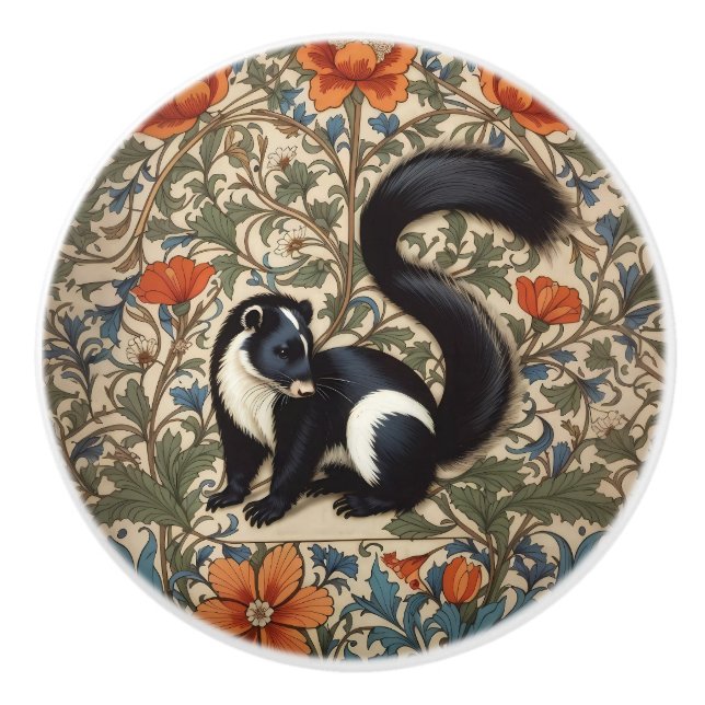 Vintage Skunk William Morris Inspired Ceramic Knob (Front)