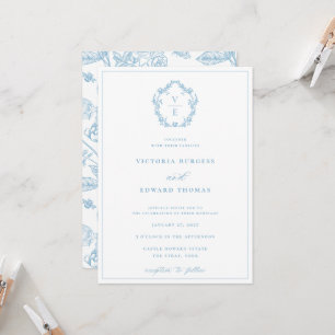 Vintage Sky Blue Crest Monogram Wedding Invitation