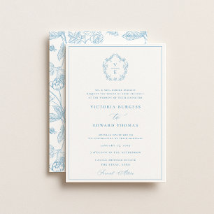 Vintage Sky Blue Crest Monogram Wedding Invitation