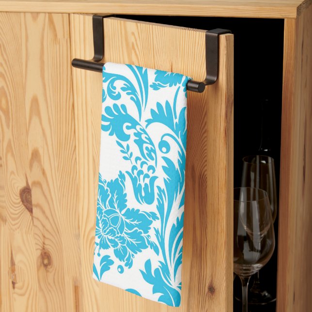 Vintage Sky Blue Damask Kitchen Towel (Thirds Fold)