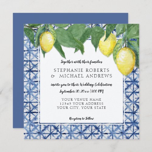 Vintage Sky Blue n White Shibori X Pattern Lemons Invitation
