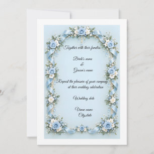 Vintage Sky blue Ribbon and White Rose wedding Invitation