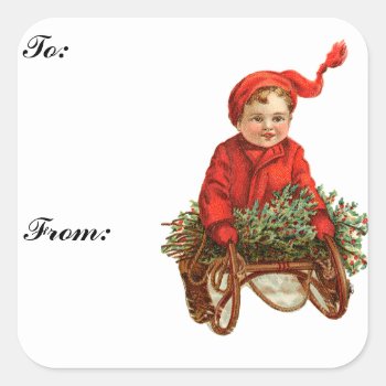 Vintage Sled And Child Gift Tag Sticker by christmas_tshirts at Zazzle