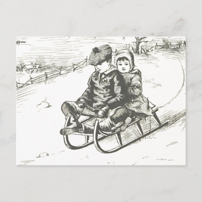 Vintage Sled Christmas Holiday Winter Boy Girl Postcard (Front)