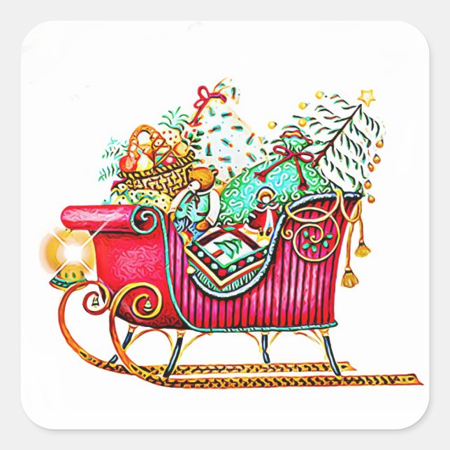 Vintage Sled or Sleigh with Gifts & Christmas Tree Square Sticker (Front)