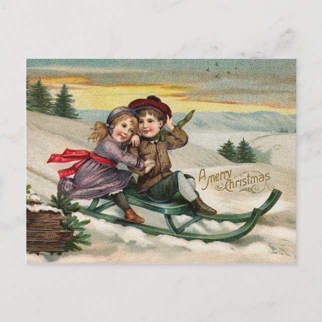 Vintage Sledding Boy And Girl Postcard (Front)