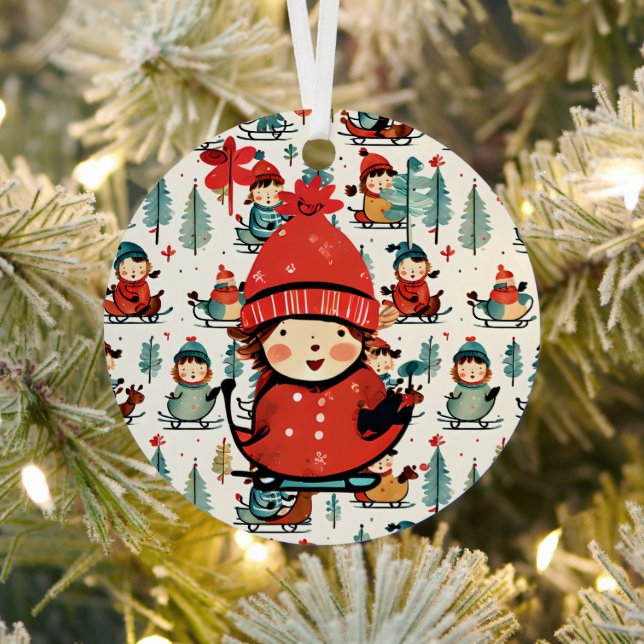  Vintage Sledding Children Personalized Christmas Metal Ornament (Insitu)