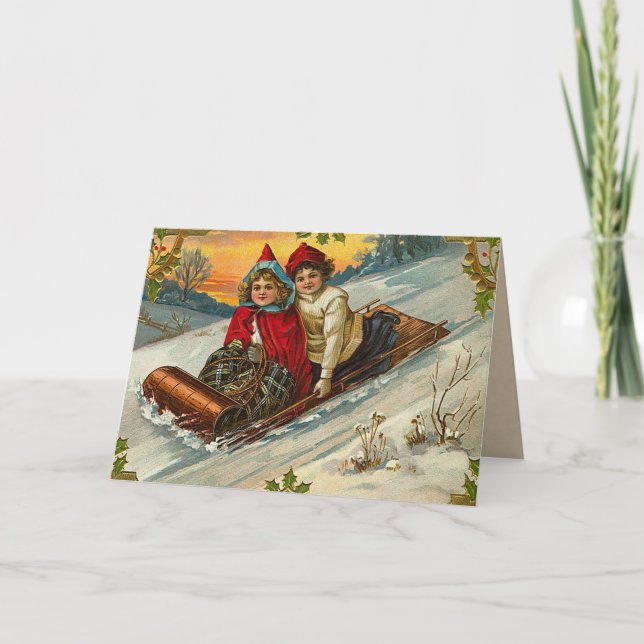 Vintage Sledding Fun Christmas Card (Front)