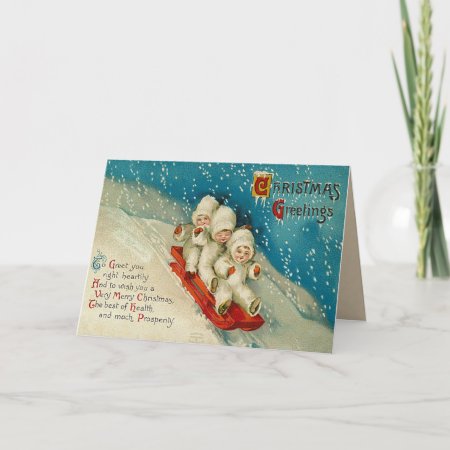 Vintage Sledding Snow Baby Christmas Card