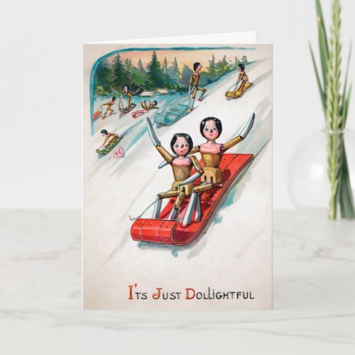 Vintage Sledding Wooden Dolls Holiday Card