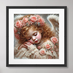 Vintage sleeping angel girl with roses wreath framed art
