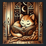 Vintage Sleeping Art Deco Style Cat With A Book<br><div class="desc">Adorable vintage,  art deco art style illustration of a cat sleeping on a book by candle light,  in front of a window with a night sky with moon and stars outside. The colors are a brown sepia tones.</div>