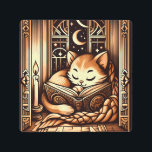 Vintage Sleeping Art Deco Style Cat With A Book<br><div class="desc">Adorable vintage,  art deco art style illustration of a cat sleeping on a book by candle light,  in front of a window with a night sky with moon and stars outside. The colors are a brown sepia tones.</div>