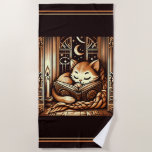 Vintage Sleeping Art Deco Style Cat With A Book Beach Towel