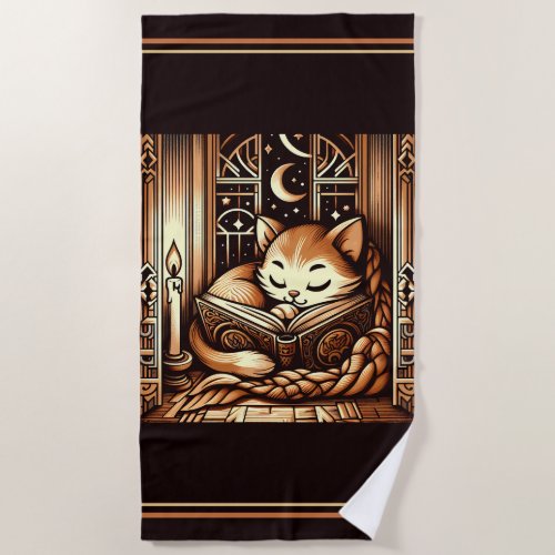 Vintage Sleeping Art Deco Style Cat With A Book Beach Towel