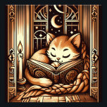 Vintage Sleeping Art Deco Style Cat With A Book Photo Print<br><div class="desc">Adorable vintage art deco art style illustration of a cat sleeping on a book by candle light,  in front of a window with a night sky with moon and stars outside. The colors are a brown sepia tones.</div>