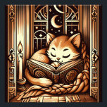 Vintage Sleeping Art Deco Style Cat With A Book Photo Print<br><div class="desc">Adorable vintage art deco art style illustration of a cat sleeping on a book by candle light,  in front of a window with a night sky with moon and stars outside. The colors are a brown sepia tones.</div>