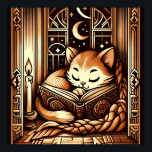 Vintage Sleeping Art Deco Style Cat With A Book Poster<br><div class="desc">Adorable vintage art deco art style illustration of a cat sleeping on a book by candle light,  in front of a window with a night sky with moon and stars outside. The colors are a brown sepia tones.</div>