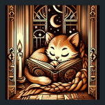 Vintage Sleeping Art Deco Style Cat With A Book Poster<br><div class="desc">Adorable vintage art deco art style illustration of a cat sleeping on a book by candle light,  in front of a window with a night sky with moon and stars outside. The colors are a brown sepia tones.</div>