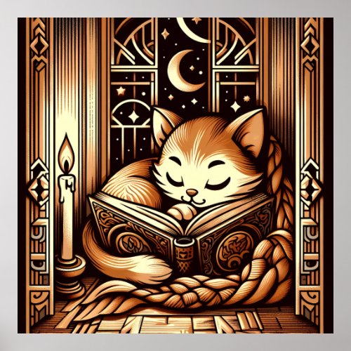 Vintage Sleeping Art Deco Style Cat With A Book Poster