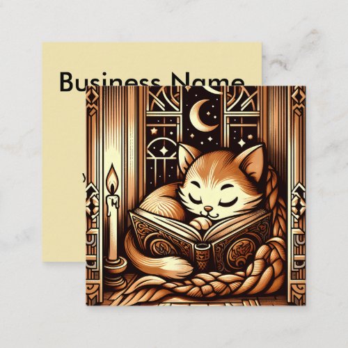Vintage Sleeping Art Deco Style Cat With A Book Square Business Card