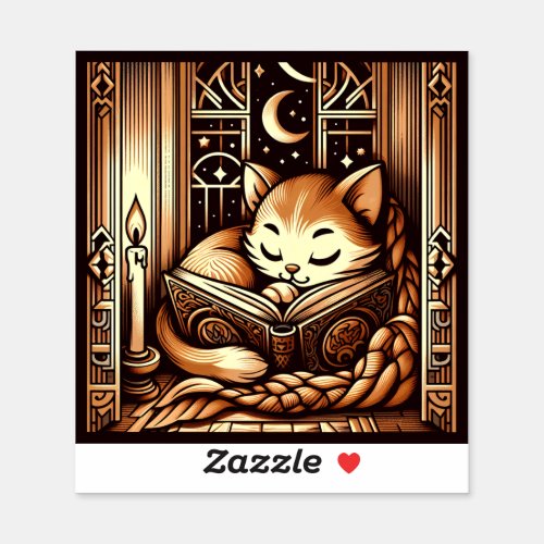 Vintage Sleeping Art Deco Style Cat With A Book Sticker
